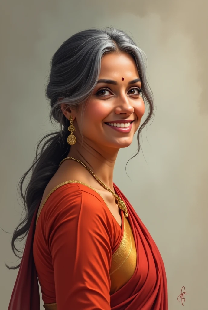 India girl wearing salwar suit gray hairs with single ponitail height 5 feet 2 inch smiling face sharp chin
