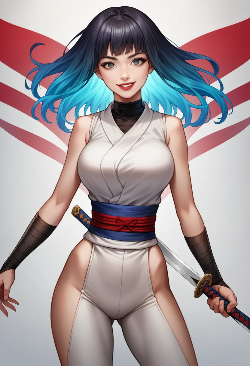 Realistic, Very detailed, High resolution, Highest quality, Very detailedな,1 female , Official Art, unity 8k wallpaper, Very detailed, beautiful and aesthetic, beautiful, masterpiece, Super big breasts:1.5,Narrow waist、Glowing Skin,masterpiece, wonderful, (CG illustration),Asian, Realistic textured face and skin、Accurate anatomy、Blue and white gradient hair, Grey Eyes, Bright red lips, Indifference, bangs,((Ninja)), sword, White clothes, Facial details、Dynamic pose、Dynamic Action、Dynamic Angle、Detailed Background、Degrees of Freedom:1.3、A big smile