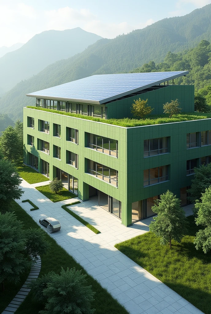 an exterior design of a green building for healthcare, and solar panels for energy efficiency, clerestory windows, green roofs, resilient in landslides, rainwater harvesting, electric vehicle charging stations, LED lightings, and zoomed in to showcase the details of the sustainable building for a healthcare.