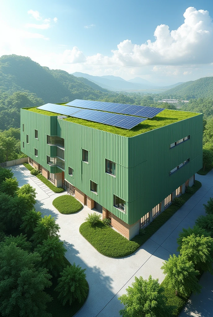 an exterior design of a green building for healthcare, and solar panels for energy efficiency, clerestory windows, green roofs, resilient in landslides, rainwater harvesting, electric vehicle charging stations, LED lightings, and zoomed in to showcase the details of the sustainable building for a healthcare.