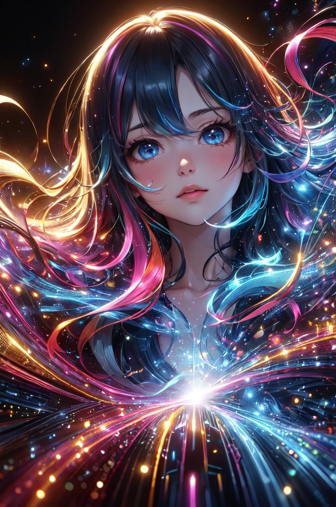 ((8k, Highest quality, masterpiece, Very detailed, Three-part method)), (((Light play, Shadow play))), ((Abstract background)), ((Provocative)), ((Glamour Photos)), ((Cinematic, Film Grain)), ((Anime Aesthetics)), ((Manga style)), ((Soft light passing through hair)), ((colorful, Crazy)), reflection, Shiny, ((One person, Multicolored Hair, Flowing Hair, Holographic, Blown by the Wind)), tobacco