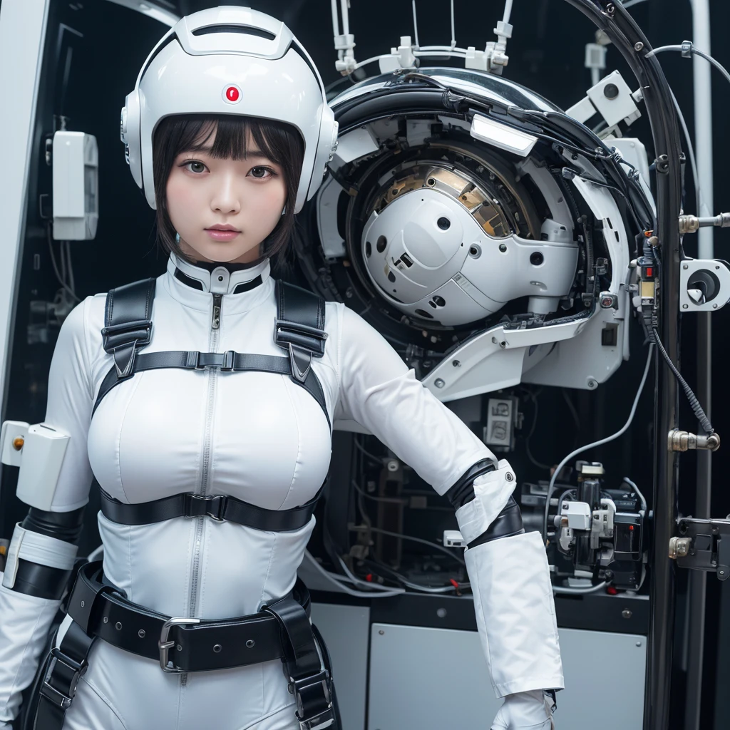 masterpiece, Highest quality, Very detailed,Portraiture, Japanese Android girl,Plump,Slightly thicker,Control panel,robot arms,robot,Android,cyborg,white robot body,Blunt bangs,robot repair plant,White and black bodysuit,cockpit,Harness Belt,Helmet