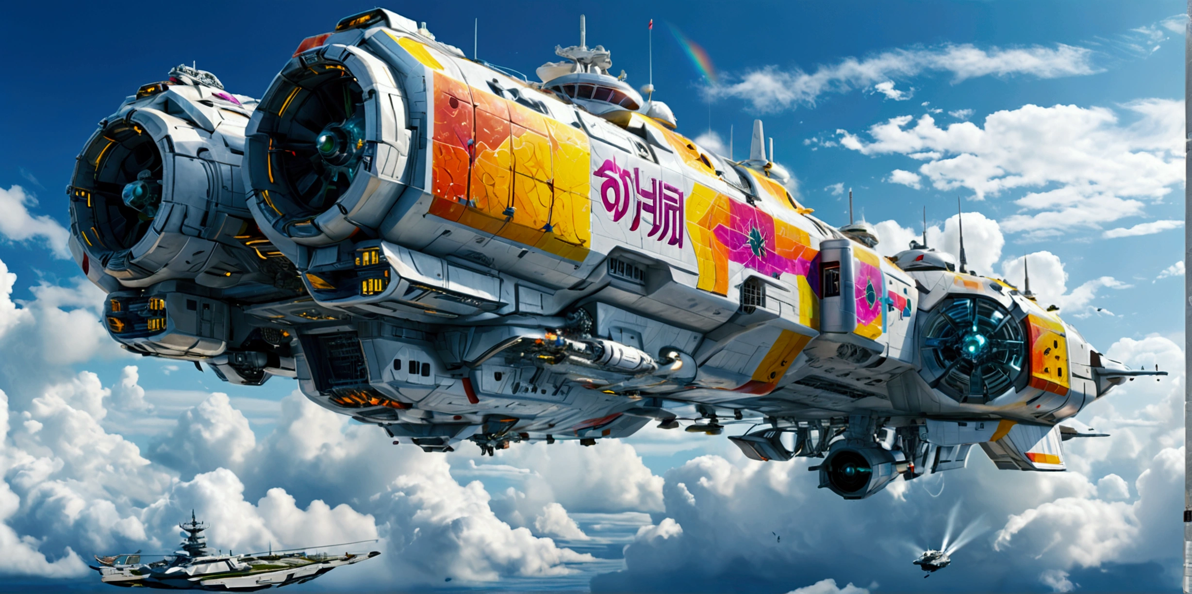 A long wide giant heavily armored divine futuristic flying all terrain biomechanical space battleship covered in rainbow batik pattern and glowing javanese runic symbols, multiple retractable cybernetic spider legs with wheels on the tip, divine halo, flying hovercraft, flying submarine, flying aircraft carrier, flying hotel, flying resort, flying city, flying skyscraper, flying cruise ship, flying yacht, flying castle, flying military base, multiple thrusters, multiple helipad, multiple propeller, mobile headquarters, mobile command center, automatic turrets, missile banks, missile defense system, multi-port rear engine arrays, large pivoted missile pods, anti-air batteries, reactive armour over vital spaces, VTOL thrusters, ventral ground-facing VTOL thruster bays, retractable center cannon, super carrier, sky carrier, space station, floating city, floating castle, white background