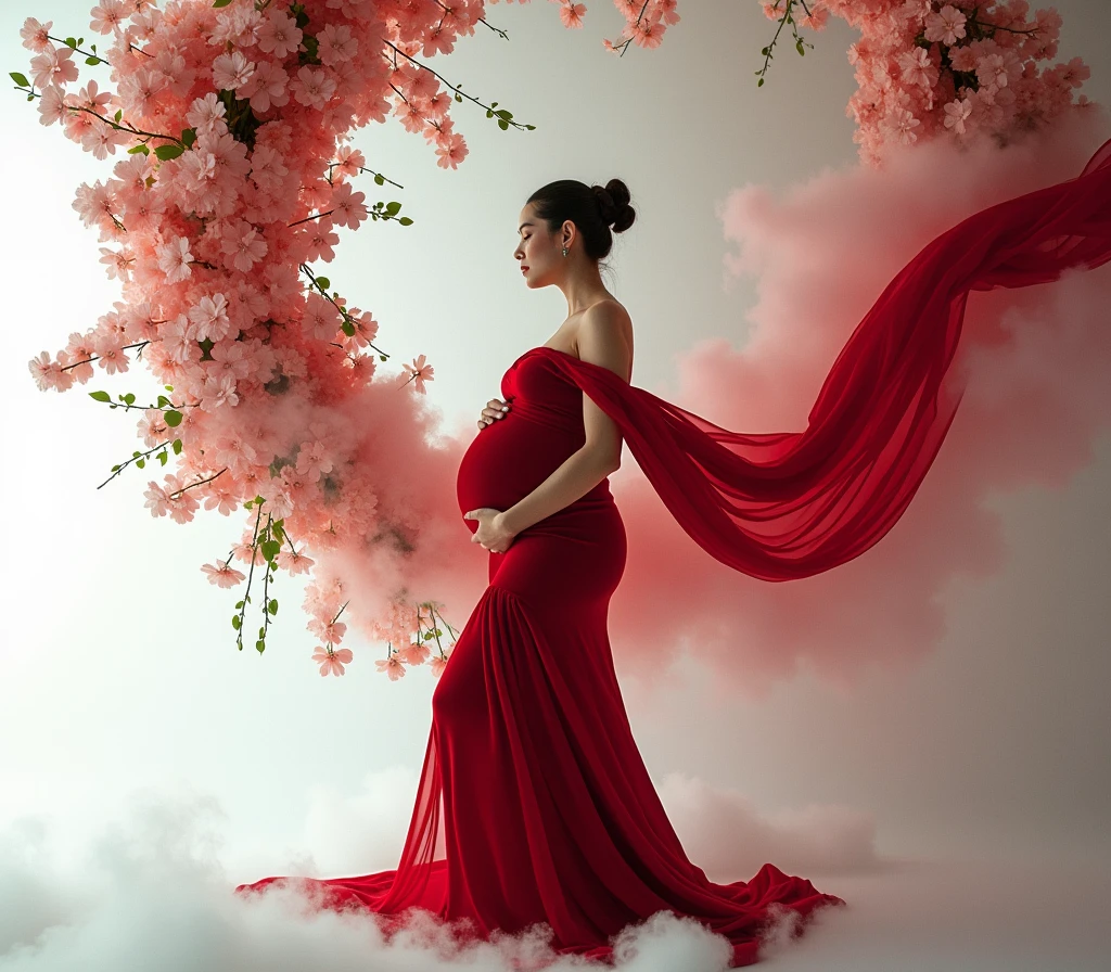 pregnant woman in yellow gown standing in front of floral with curtain , a picture inspired by Gabriel Ba, tumblr, conceptual art, red gown, maternal photography 4 k, flowing red gown, draped in velvet and flowers, stunning elegant pose, long luxurious gown, modest flowing gown, !!beautiful!!, long luxurious flowing gown, in front of white back drop, amazing professional picture, add some smoke and cloud in ground , red dress