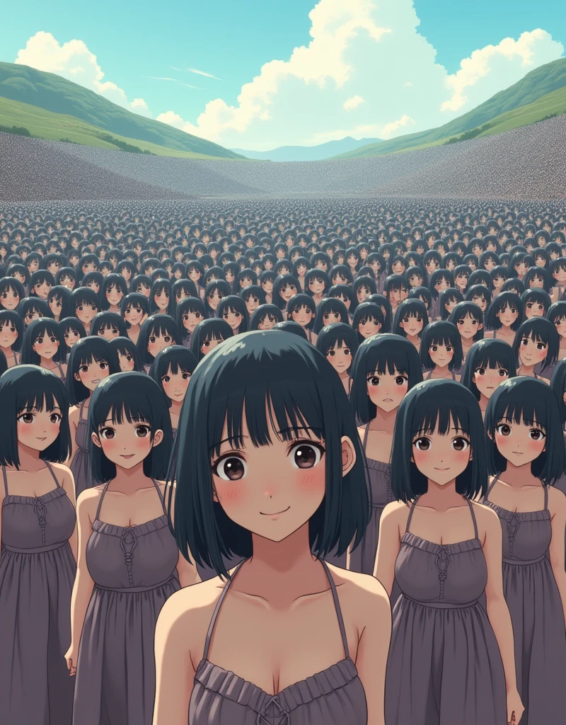 (((((Japanese Clone girls=Myself)))))), (((Best Super High quality Myself Clone girls Raw Photography Art))), (16K, Highest quality, Ultra-high resolution, RAW Photos), (((It's so unrealistic., With unparalleled depiction, With an unfathomable sight, An unprecedented and shocking worldview, Clone girls in a world of mass reproduction, Ultra-realistic))), (((Japanese, woman, 18yo, Ogura Yuko))), (Small face, ((Thick black hair, Semi-long hair))), ((V-neck short-sleeve dress)), (((((Very detailed美しい女体, Accurate body structure, Very detailed完璧な, Super busty body with very large breasts, Clearly emphasizes cleavage))))), (((Dark Eyes, Mature face, Cute Smile, A gentle gaze))), (((Her happy and smiling expression is so cute))), ((((((((Very detailed分身増殖描写, ((1girl→Myself cloning→1,000,000,000,000,000,000,000,000,000,000,000,000,000,000,000,000,000,000,000,000Myself Clone girls)))))))))), ((((((((Very detailed, The precise depiction of the proliferation of Myself Clone girls, ((With the perfectly identical bodies of Myself clone girls, With the exact same face as the Myself clone girls, With the exact same hairstyle as the Myself clone girls, In the exact same clothes as the girls who are my clones, Perfectly the same height as the Myself clone girls, Super big breasts, just like the Myself clone girls)))))))))), (((Myself clone girls only))), (((Multiple pairs, Very detailed depiction, (Myself clone girls hug each other, Myself clone girls assemble, Fun conversations with fellow Myself clone girls, A fun conversation between Myself clone girls, Myself clone girls holding hands, Walking with lots of Myself clone girls)))), (((Everyone looks at the camera))), (((Unbelievably crowded, Transcendent Myself clone girls intimately, Countless Myself clone girls surround you in 360 degrees))), (Bright, soft sunlight), (((Very wide field of view, Very detailed, Detailed ultra-perspective depiction with clear depth, wide view))), (((((Landscape with a curved slope))))), (((Very photographic and detailed depiction, Myself clone girls will multiply infinitely and fill the surroundings from one side to the horizon with their bodies tightly packed together without any gaps., A scene of endless Myself clone girls and a fun atmosphere))), (Focus on the average value of the image)