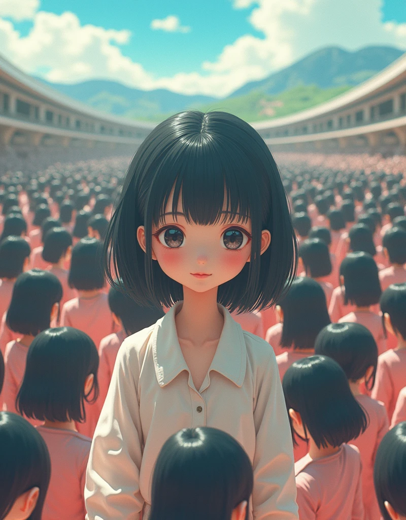 (((((Japanese Clone girls=Myself)))))), (((Best Super High quality Myself Clone girls Raw Photography Art))), (16K, Highest quality, Ultra-high resolution, RAW Photos), (((It's so unrealistic., With unparalleled depiction, With an unfathomable sight, An unprecedented and shocking worldview, Clone girls in a world of mass reproduction, Ultra-realistic))), (((Japanese, woman, 18yo, Ogura Yuko))), (Small face, ((Thick black hair, Semi-long hair))), ((V-neck short-sleeve dress)), (((((Very detailed美しい女体, Accurate body structure, Very detailed完璧な, Super busty body with very large breasts, Clearly emphasizes cleavage))))), (((Dark Eyes, Mature face, Cute Smile, A gentle gaze))), (((Her happy and smiling expression is so cute))), ((((((((Very detailed分身増殖描写, ((1girl→Myself cloning→1,000,000,000,000,000,000,000,000,000,000,000,000,000,000,000,000,000,000,000,000Myself Clone girls)))))))))), ((((((((Very detailed, The precise depiction of the proliferation of Myself Clone girls, ((With the perfectly identical bodies of Myself clone girls, With the exact same face as the Myself clone girls, With the exact same hairstyle as the Myself clone girls, In the exact same clothes as the girls who are my clones, Perfectly the same height as the Myself clone girls, Super big breasts, just like the Myself clone girls)))))))))), (((Myself clone girls only))), (((Multiple pairs, Very detailed depiction, (Myself clone girls hug each other, Myself clone girls assemble, Fun conversations with fellow Myself clone girls, A fun conversation between Myself clone girls, Myself clone girls holding hands, Walking with lots of Myself clone girls)))), (((Everyone looks at the camera))), (((Unbelievably crowded, Transcendent Myself clone girls intimately, Countless Myself clone girls surround you in 360 degrees))), (Bright, soft sunlight), (((Very wide field of view, Very detailed, Detailed ultra-perspective depiction with clear depth, wide view))), (((((Landscape with a curved slope))))), (((Very photographic and detailed depiction, Myself clone girls will multiply infinitely and fill the surroundings from one side to the horizon with their bodies tightly packed together without any gaps., A scene of endless Myself clone girls and a fun atmosphere))), (Focus on the average value of the image)