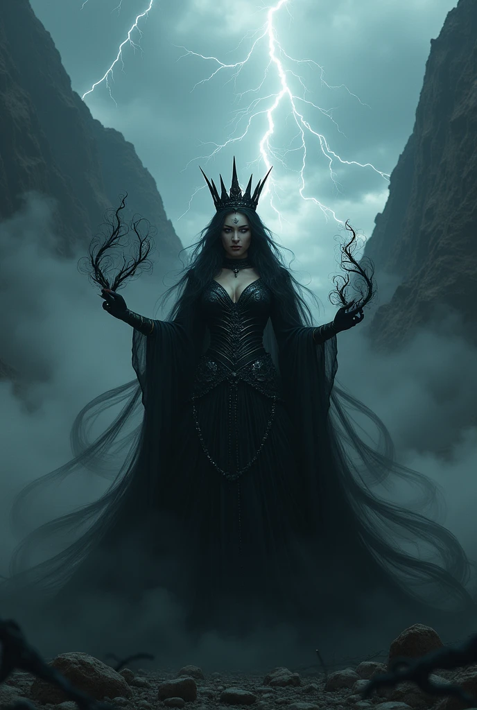 Queen with a black magic power screaming through thinder and lightning with black foggy smoke behind and mountain
