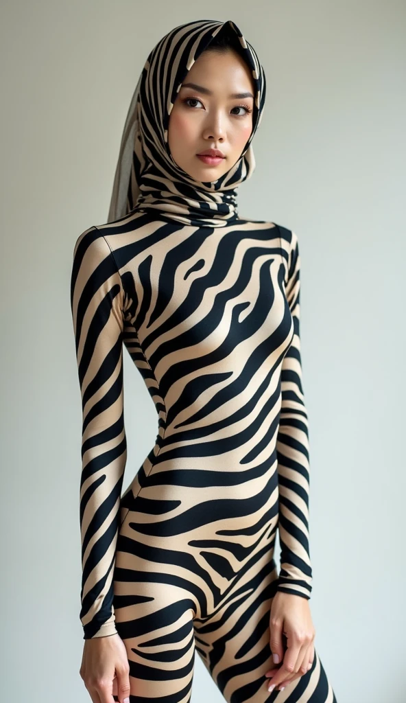 The beautiful,slender thin and clever asian muslimah adult girl with beautiful shiny cheeks wears plains zebra print lycra turtleneck unitard catsuit covered with stripes and plains zebra print lycra elastane stretchy dancewear chiffon hijab covered with stripes.She is beautiful when she puts her zebra animal eyeshadow makeup with stripes.