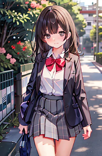 Ogiwara-san is sad, One person, alone, school uniform, Long sleeve, Skirt Grey, blush, (Absurd), (High resolution), View your viewers, Walk in the park, (Very detailed CG ユニティ 8k 壁紙,masterpiece, Highest quality, Very detailed), nude,Large Breasts