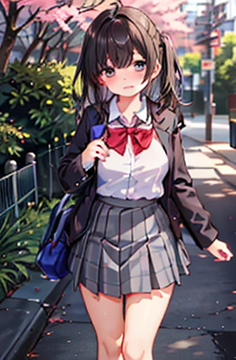 Ogiwara-san is sad, One person, alone, school uniform, Long sleeve, Skirt Grey, blush, (Absurd), (High resolution), View your viewers, Walk in the park, (Very detailed CG ユニティ 8k 壁紙,masterpiece, Highest quality, Very detailed), nude,Large Breasts