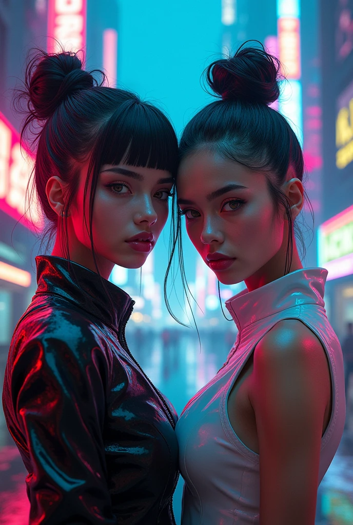 a 2 beautiful girl, cyberpunk city, neon lights, rainy streets, dynamic pose, detailed face, stunning eyes, shiny lips, intricate hairstyle, futuristic outfit, complex background, advanced technology, glowing holographic elements, cinematic lighting, dramatic shadows, vivid colors, (best quality,4k,8k,highres,masterpiece:1.2),ultra-detailed,(realistic,photorealistic,photo-realistic:1.37)