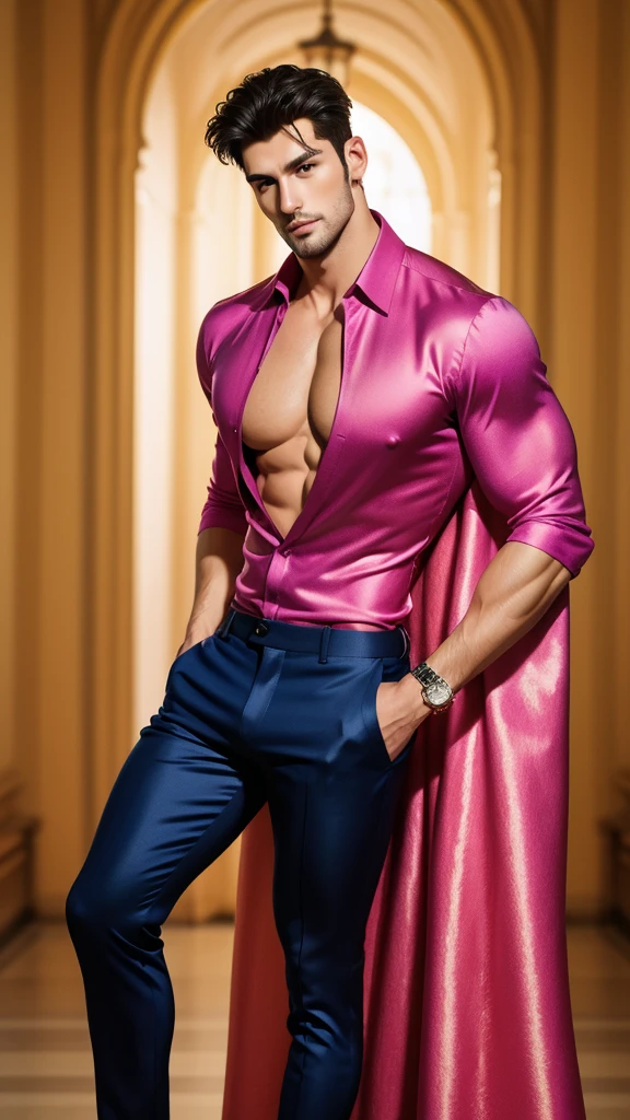 (absurdres, highres, ultra detailed, Ultra HD), ((tall handsome muscular man, solo, male model modern clothing, Full length portrait: 1.5, wearing colourful silk shirt and pants)), beautiful, gorgeous, wet, mature, perfect eyes, sexy gaze, (looking at the viewers romantically), perfect body, smooth skin, a hot glow in his skin, wide chest, largest breasts, extremely large pectorals, big nipples, breathtaking grandeur, model pose, colorful, artistic, focus on his calm facial features, elegant look, sexy posture, full body view,