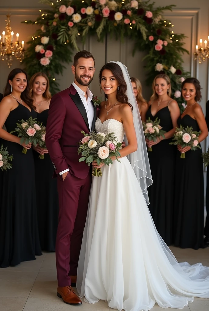 bride in white dress, groom in burgundy suit, and the groomsmen and bridesmaids' clothes in black at the wedding