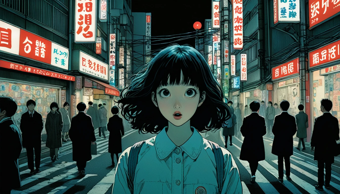 An illustration、art、Supervised by Junji Ito、Overaction、Overreaction、Pretending to be scared、Attention to detail, Realistic shadows、Analog Style, chromatic aberration, Surrealism、Tokyo Night