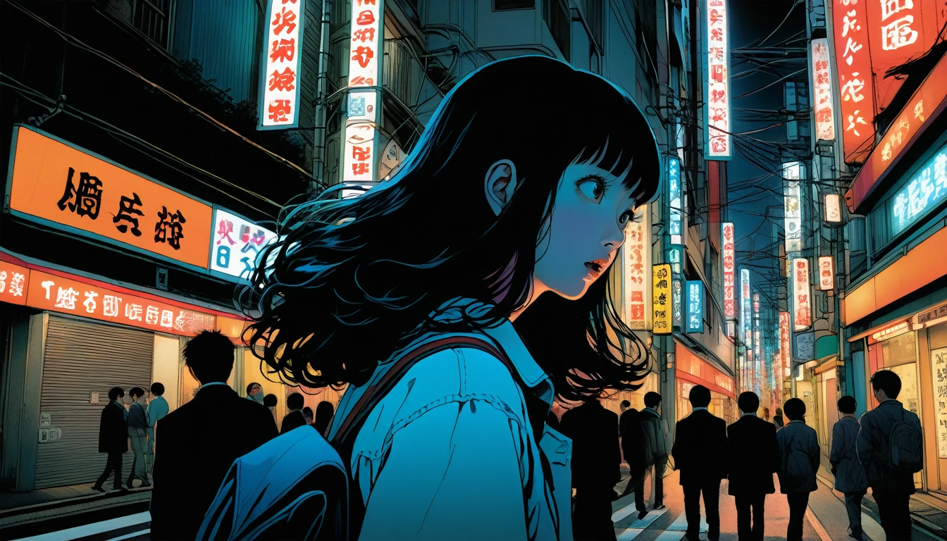 An illustration、art、Supervised by Junji Ito、Overaction、Overreaction、Pretending to be scared、Attention to detail, Realistic shadows、Analog Style, chromatic aberration, Surrealism、Tokyo Night
