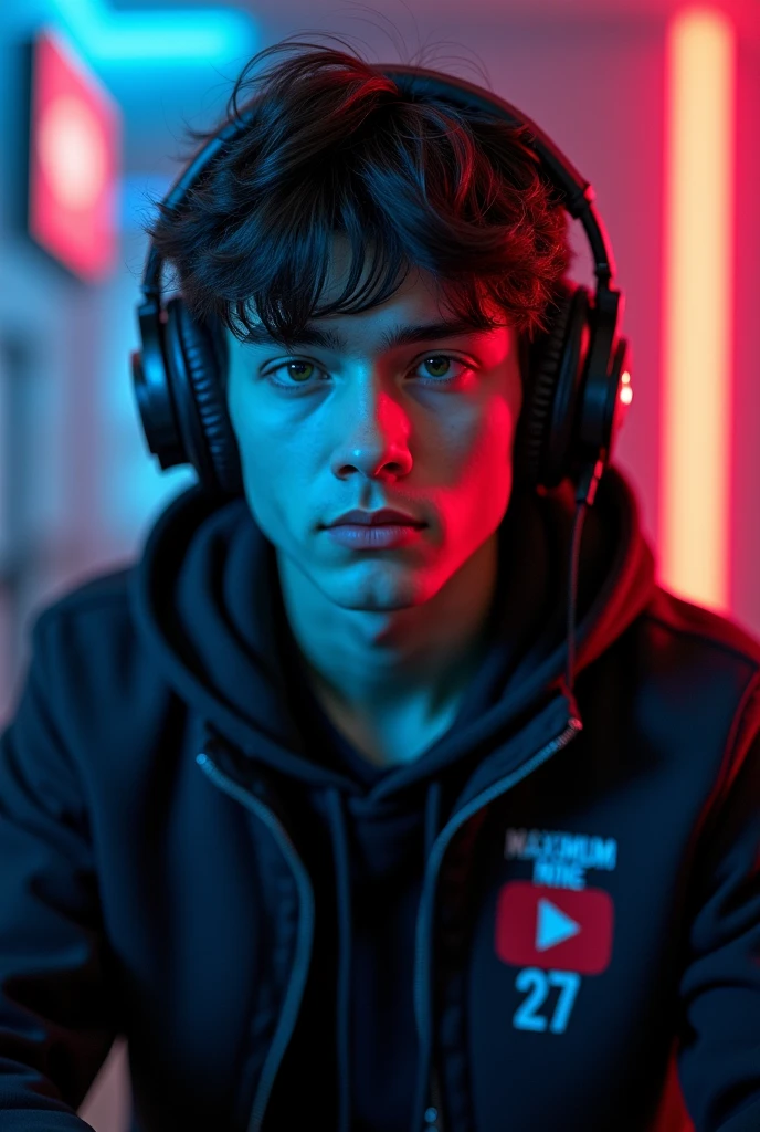 I want a gamer boy with dark hair, headphones, a black jacket and in the middle it says maximum nine 27 with the YouTuber logo