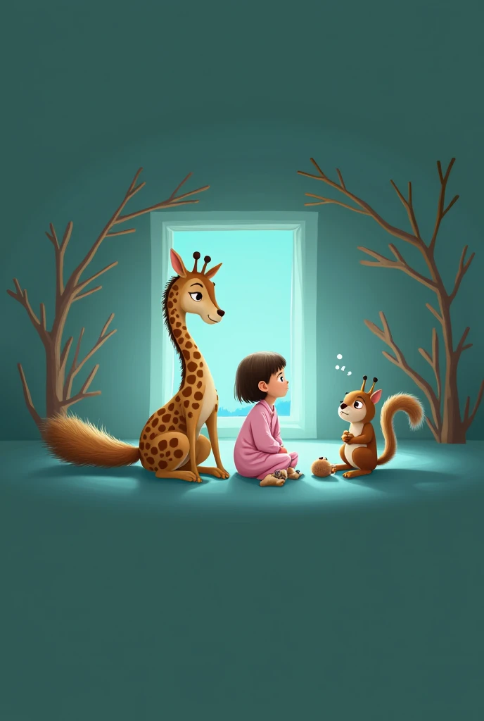Sad squirrel with nut sits with little cartoon girl in pink pajamas and giraffe