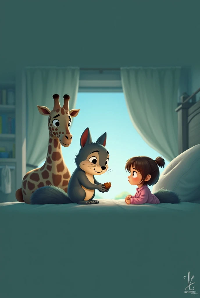 Sad squirrel with nut sits with little cartoon girl in pink pajamas and giraffe