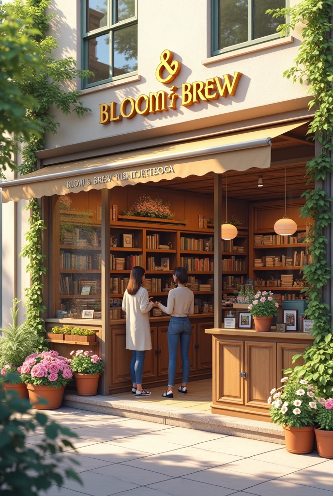 (photorealism:1.2), exterior, modern, beige, large area, morning, café shop, flower shop, book shop, soft lighting, flowers in sides, cozy room, realistic, intricate details, shop name Bloom & Brew Bibliotheca