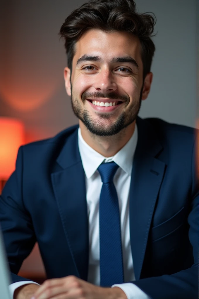 A young man with dark hair and a light beard with a confident smile. He is wearing a navy blue blazer over a white shirt and blue tie. The man is working at a desk in an office with a subtle red light on the left. And she is posing for Facebook profile