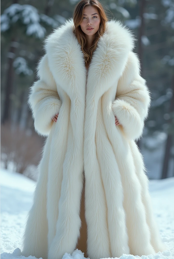 Very wide、Very thick, white mink fur coat, Thickness 100 cm, fluffy, Thick white mink fur collar, winter background 、(Big Breasts 2.5), longhair tiil floor,full hair on floor, front body covered by hair,(((very thick hair))),(straight hair),(((the entire floor was covered in long hair)))