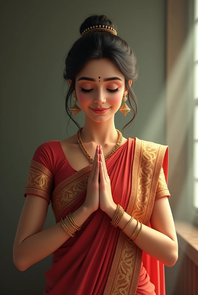 Namaste gesture by a lady wearing beautiful Indian saree joint both hands with a slight smile bowing her head a little bit 