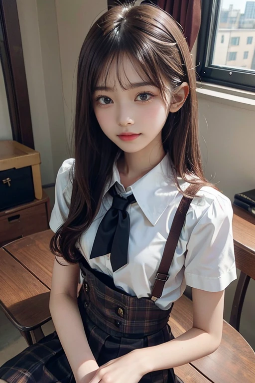 leave,actual,high quality, Detailed image,best quality,High resolution,A beautiful slim girl,Feminine,flat chest,be happy with me,tea hair, Brown eyes, school uniforms