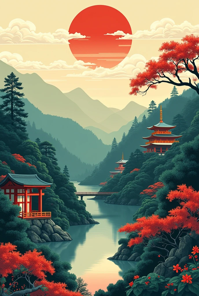 Illustration of background image. Idyllic Japanese landscape with a touch of art deco. A masterpiece.