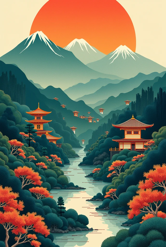 Illustration of background image. Idyllic Japanese landscape with a touch of art deco. A masterpiece.