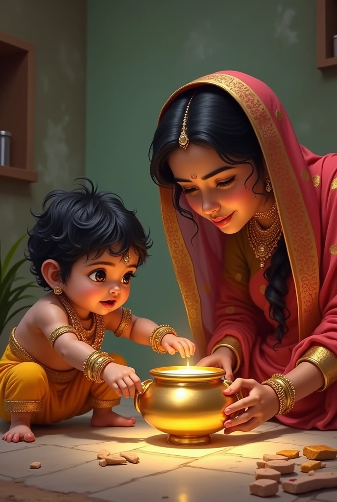 Lord Krishna eating makhan ( a milk product) which is in a gold pot . He is 8 months . Trying to eat whike no one is noticing just like a small cute thief. His mother wearing traditional Indian dress surprise to see her son crawling and his doesier for makhan .. make her surprise 