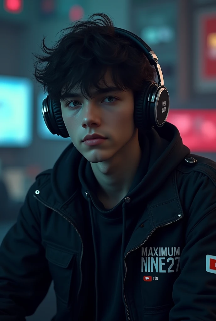I want a gamer boy with dark hair, headphones, a black jacket and in the middle it says maximum nine 27 with the YouTuber logo