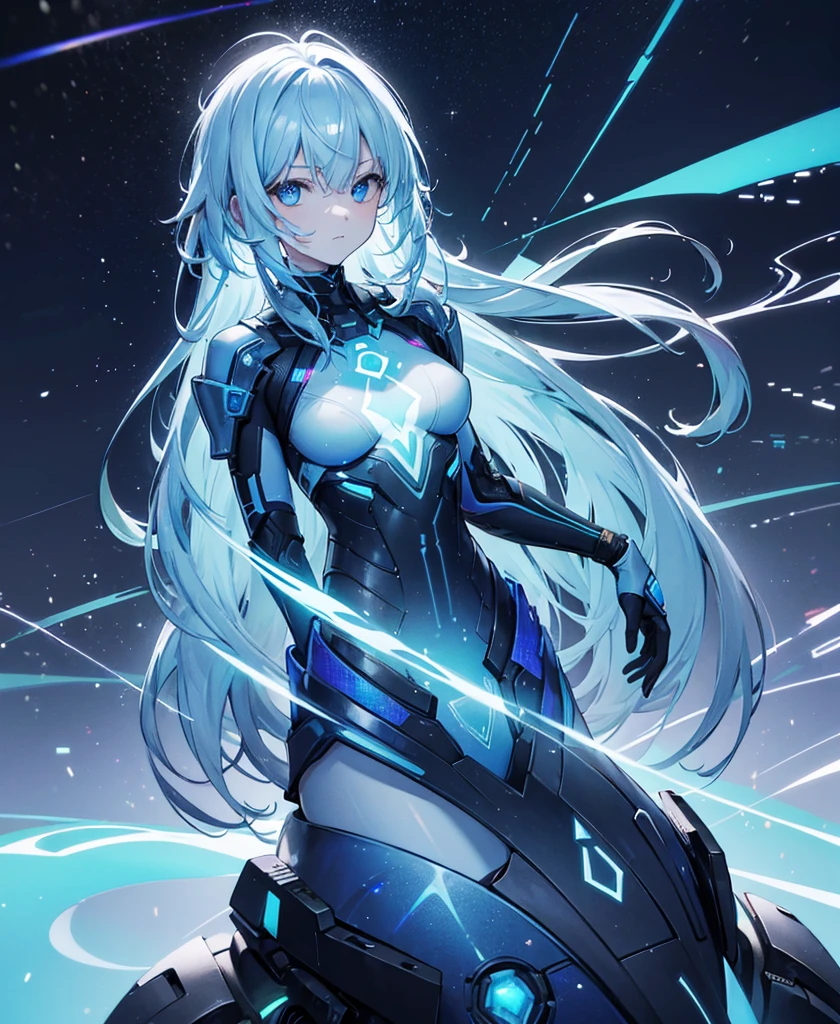 ((Holographic glow effect)),8k, Highest quality, (real:1.4), Original photo, 1 person, Asari Hair, Biological Amplifier, refined armor, posture: Peace talks between warring factions, smart blue eyes,whole body