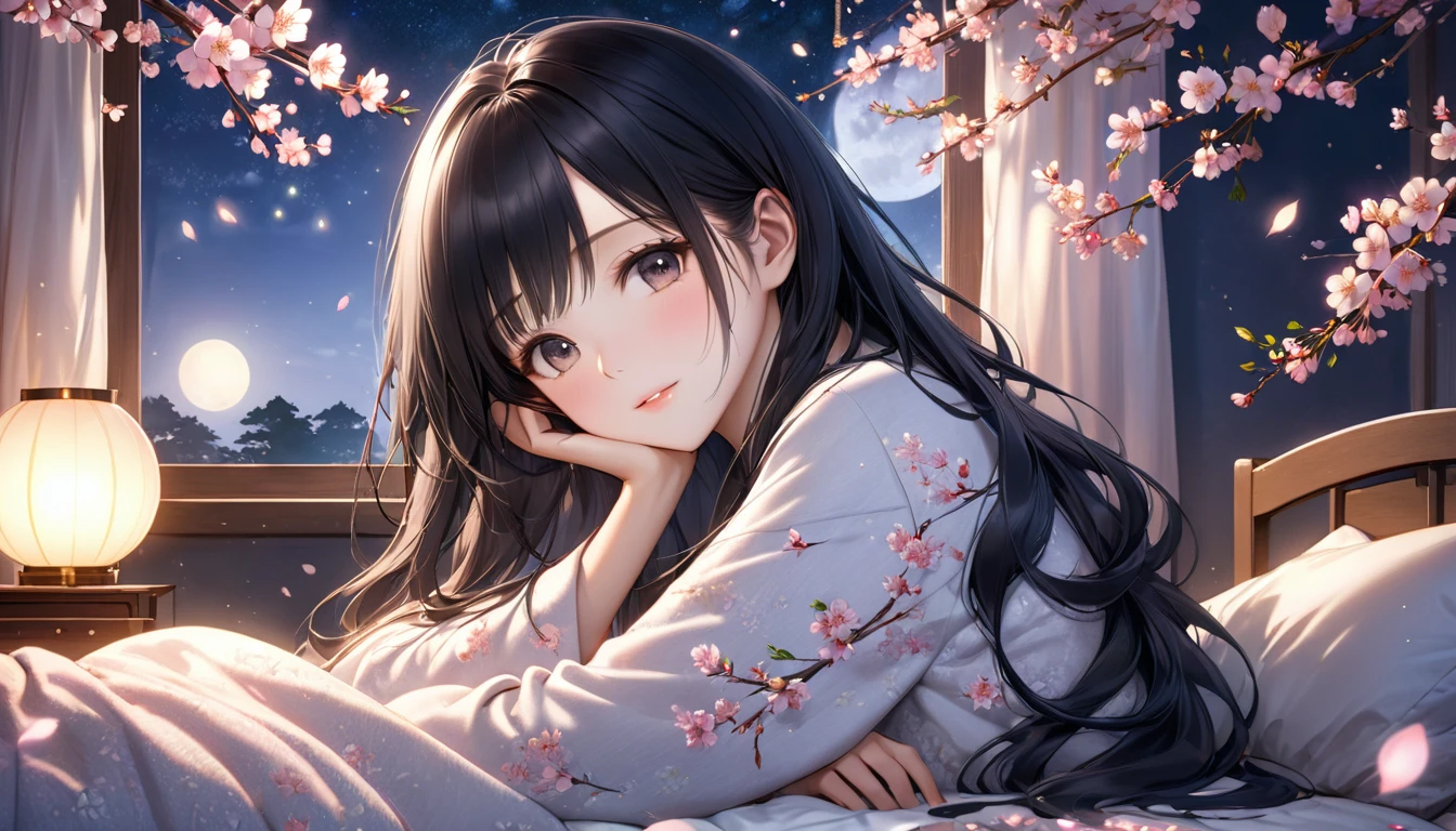 アニメ, A beautiful young Japanese woman with long black hair, soft moonlight illuminating her face, cherry blossoms floating in the background, cozy bedroom setting, romantic and tranquil atmosphere, photorealistic, highly detailed