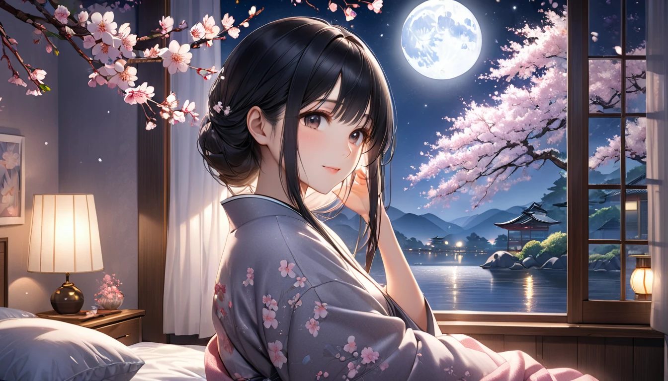 アニメ, A beautiful young Japanese woman with long black hair, soft moonlight illuminating her face, cherry blossoms floating in the background, cozy bedroom setting, romantic and tranquil atmosphere, photorealistic, highly detailed