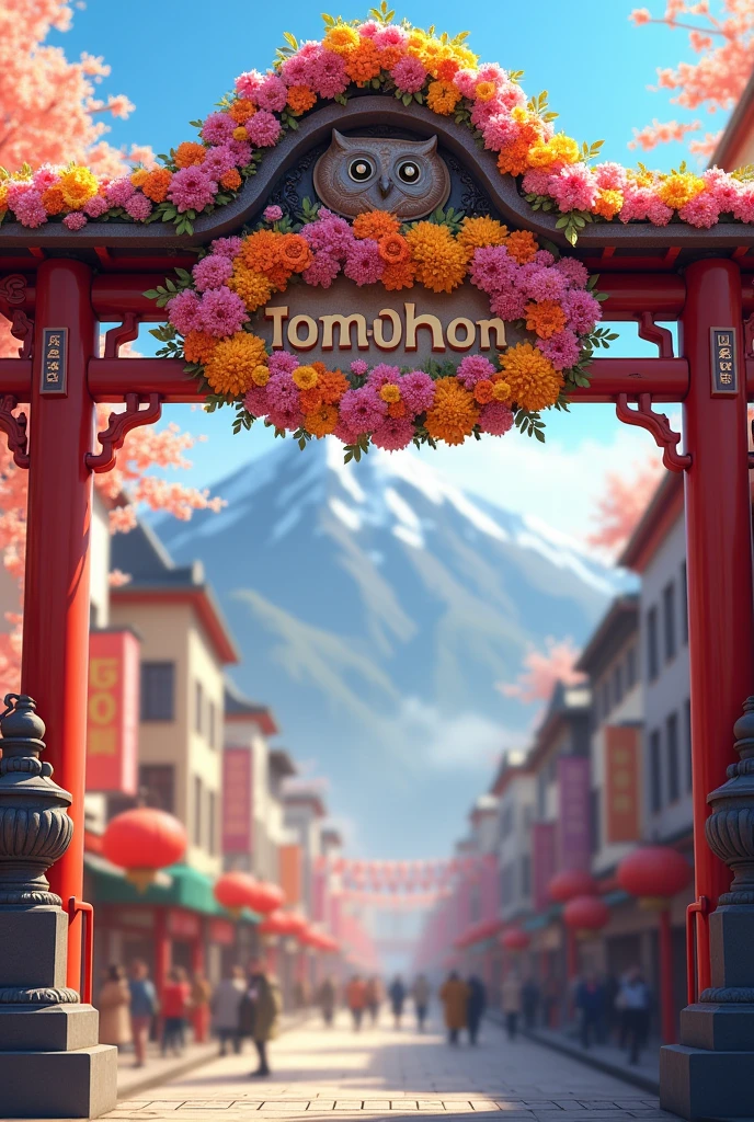 Menampilkan gambar resolusi tinggi full HD, create a text from colorful flowers with letters written on it "TOMOHON CITY THANKSGIVING" hanging on the city gate and displayed on the beautiful gate carved with an owl symbol, looks like a city atmosphere during the day which is busy and blurry, beautiful city background and mountains, Realistic