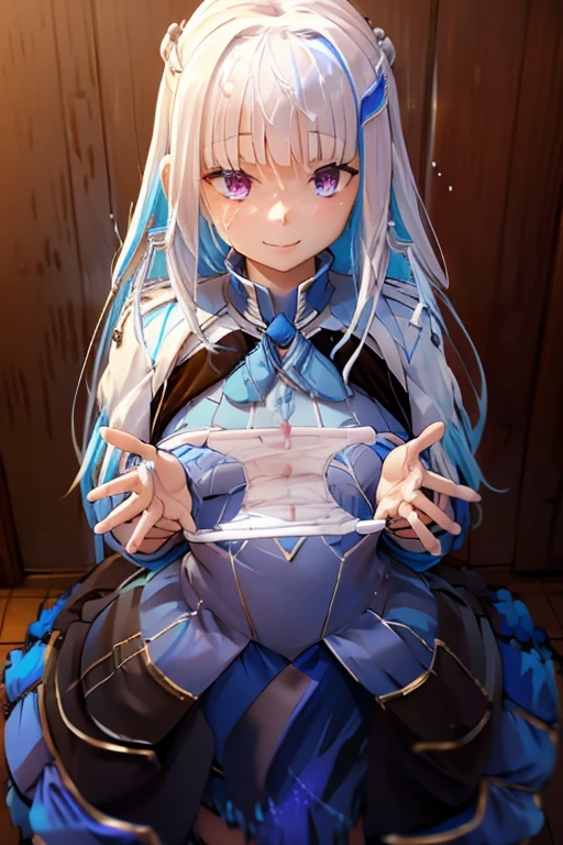 Highest quality, presentingpanties,panties holding,holding panties,Big Breasts, Captivating smile,cum on cloth,black panties,Blue Princess Dress