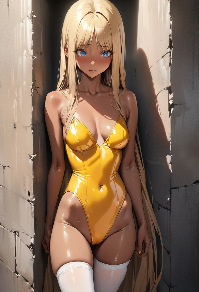 ((masterpiece,best quality anime,Highest quality:1.3)),realistic,cowboy shot,1woman,独奏,(2 beauty),((very small head:1.4)),((very long body:1.4)),blonde hair,straight long hair,gorgeous big eyes,Blue eyes,sad,((tan skin:1.3)),((slender body:1.4,skinny)),((Yellow leotard))、clavicle、shoulder, (white_thighhighs),medium breasts,gleaming skin,shiny skin,oily skin:1.3,sweat:1.3,standing,Underground prison、Concrete wall、