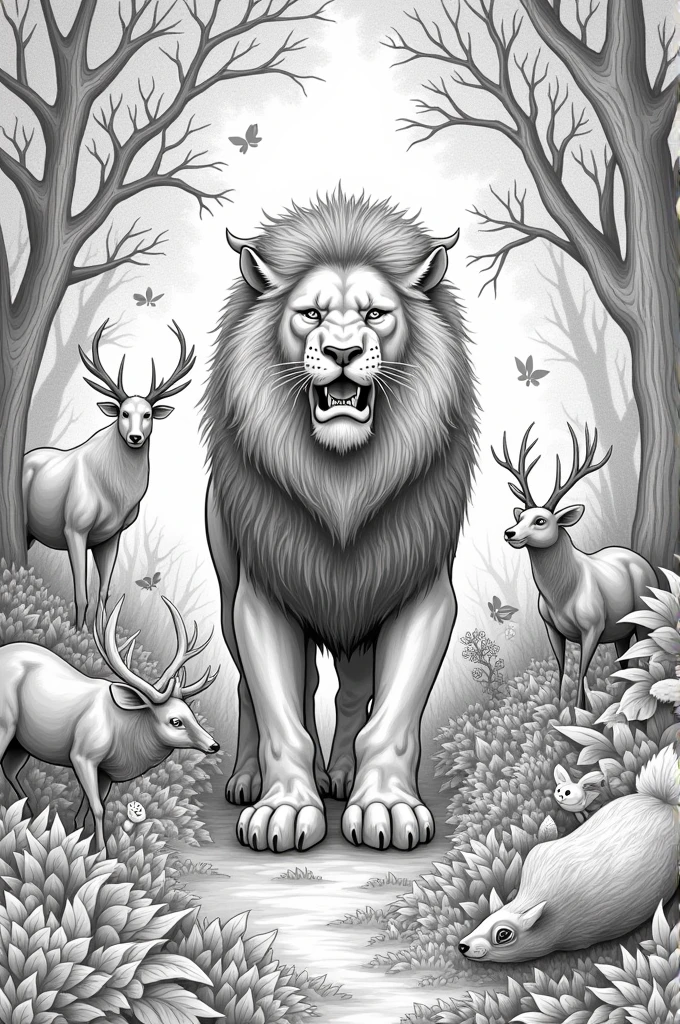 Once upon a time there lived an evil lion in a forest. Elephants, cows, rabbits, squirrels, elks and deer also lived in the forest where this lion lived line art