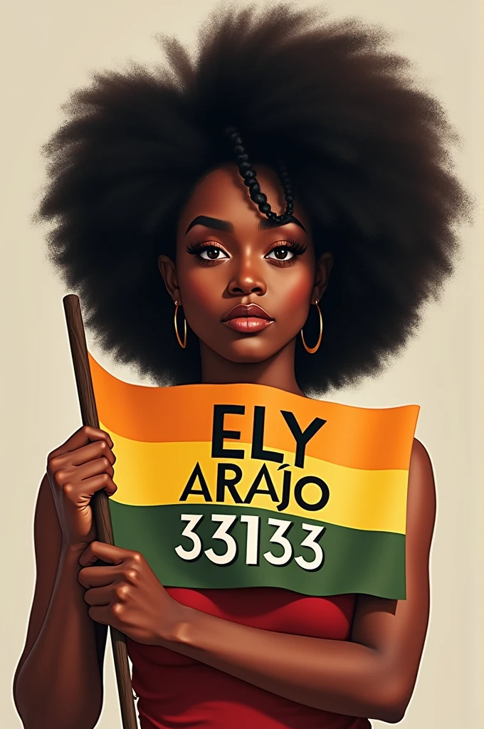 Create image of black women with natural hair holding a flag with the phrase Councilwoman Ely Araújo 33133