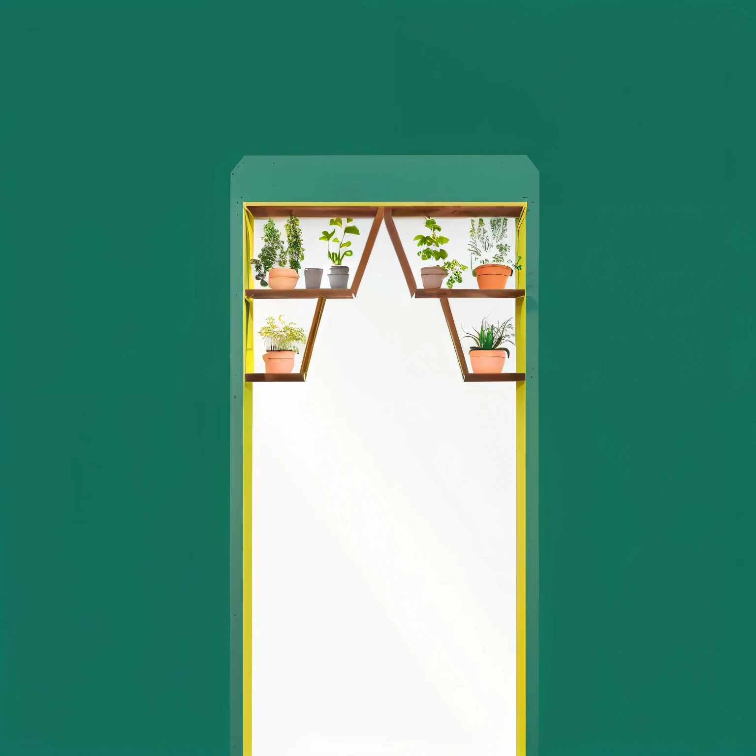 the green part is the wall. the yellow parts are the steel frames of an opening within the house. The brown shelves are made of wood and attached firmly to the top and sides of the steel frame, the wood is sturdy enough to keep plant pots on top of it. if possible also add led lights in the correct places such that the pathway is well lit