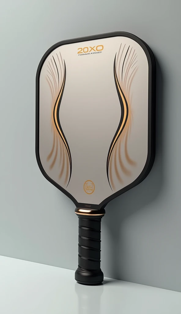 Create an image of a high-end pickleball paddle designed for players aged 30-50. The paddle should exude luxury and sophistication, featuring a sleek, premium design with high-quality materials. Incorporate elegant colors such as metallic silver, gold accents, or deep, rich tones. The paddle should have a refined and ergonomic shape with a comfortable, high-grip handle and a striking, polished finish. Include subtle, upscale detailing and textures that emphasize the paddle’s premium nature and appeal to discerning players. The overall design should convey exclusivity and top-tier performance.