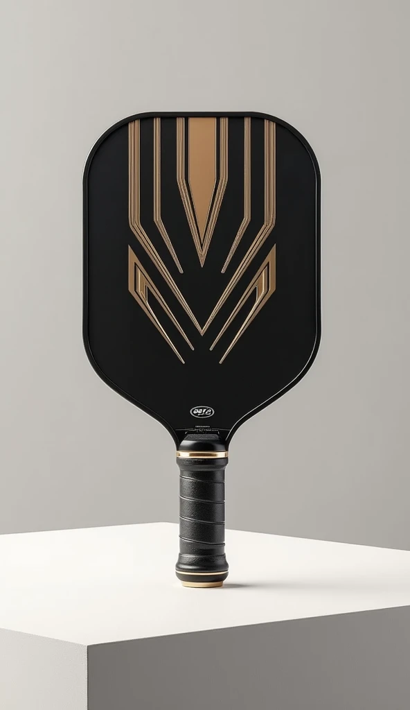 Create an image of a high-end pickleball paddle designed for players aged 30-50. The paddle should exude luxury and sophistication, featuring a sleek, premium design with high-quality materials. Incorporate elegant colors such as metallic silver, gold accents, or deep, rich tones. The paddle should have a refined and ergonomic shape with a comfortable, high-grip handle and a striking, polished finish. Include subtle, upscale detailing and textures that emphasize the paddle’s premium nature and appeal to discerning players. The overall design should convey exclusivity and top-tier performance.