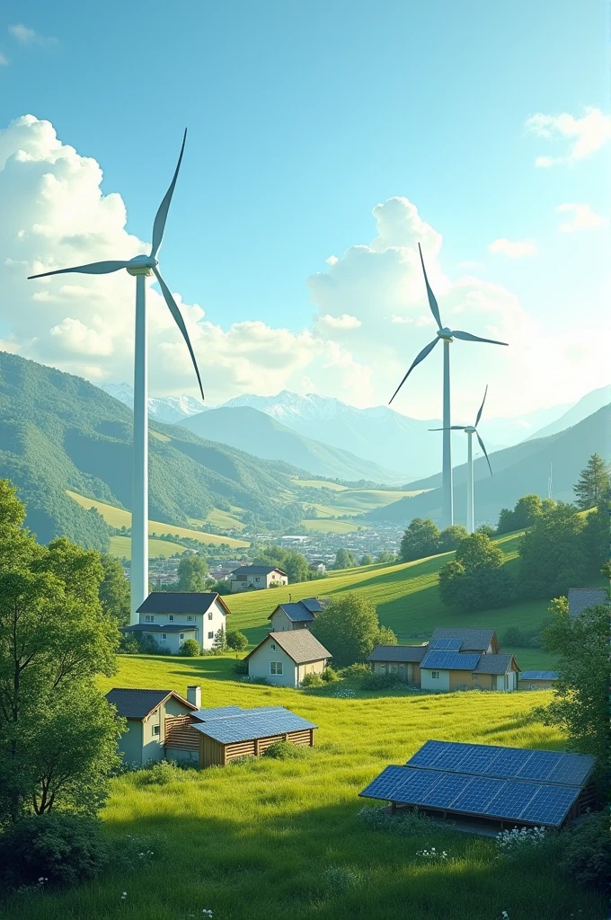 Clear natural environment by using renewable energy with solar panels on houses and windmills 
