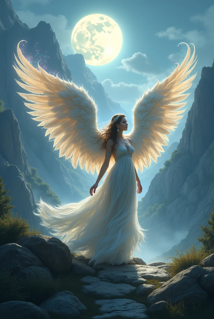 Queen with big feathery wings with soarkling light through moon and mountains