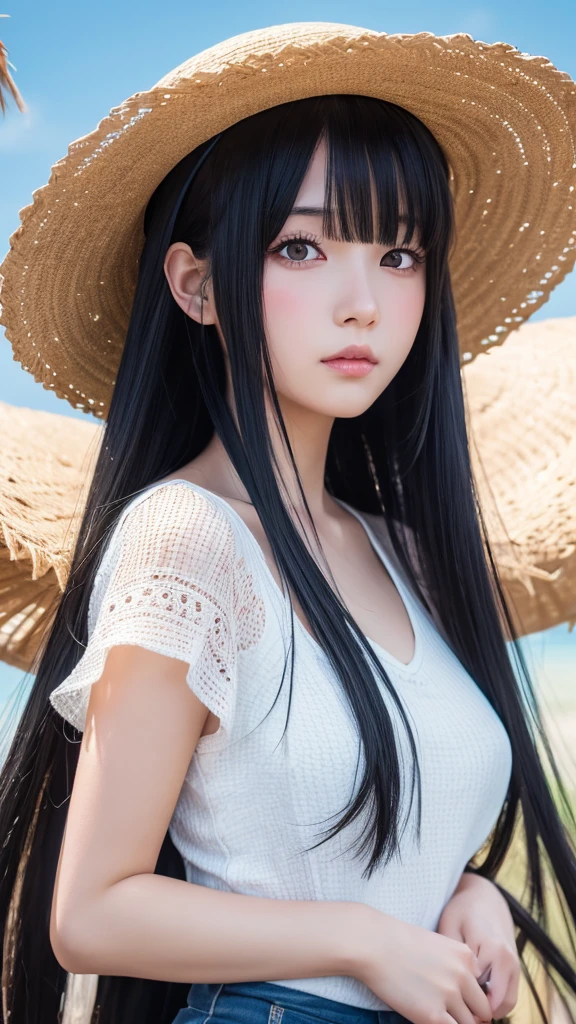 Anime girl with long black hair wearing a straw hat, Anime Style 4k, Beautiful anime portraits, Anime Moe Art Style, anime art wallpaper 4k, anime art wallpaper 4k, High quality anime art style, Anime style portrait, Gwaiz, artwork in the style of Gwaiz, Detailed digital anime art, Anime Art Wallpapers 8K, Cute Anime Portrait