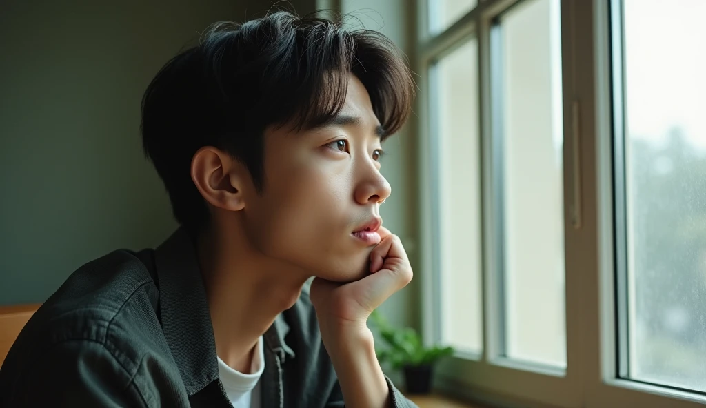 A Japanese male college student wearing fashionable clothes is looking out the window with a calm expression, resting his chin on his hand,Excited, Photo of your face, In a calm room, with a natural look, With a slightly tired look, tilt your face a little, Diagonal orientation, Average face