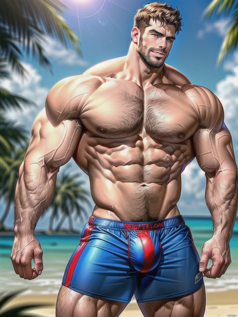 Chris Redfield, hyper realistic, massive bulge in the beach underwear, hairy legs wide open, thick thighs, muscular giant, 3 meters tall bodybuilder, flexing massive biceps, hairy armpits, oversized biceps are 240 inches, with long oversized arms, tattooed biceps, bulging muscles, prominent veins, broad shoulders, beefy build, hefty, muscle swelling, very hot male, beefy pecs, hairy chest, six-pack ABS, hairy abdomen, hairy groin, manly, handsome male, wide jawline, full of muscles veins, stare straight, much testosterone, tough guy, shy smile.