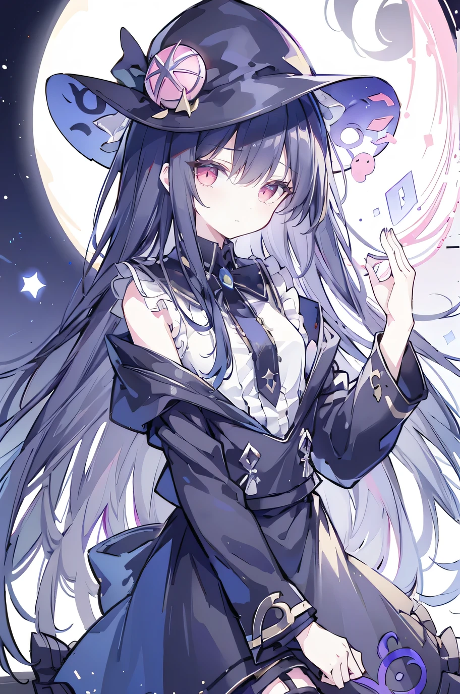 oung Girls,Humanity,A magician always smiles,big witch hat,cute,dark blue long hair,The eyes are dull,The bangs are heavy,Thin eyebrows,fantasy,intake,Double teeth,Star Theme,Constellation pattern,Solid color clothetal decoration,cloak,A bit of a dark atmosphere,A little crazy smile,When the big moon shines outside at night,blood,Hair black star embellishment,Short tie,No nails,High waist skirt,Bell sleeves,Long-sleeved shirt,Black tie,low risk,gentlemen。Mist、Yellow and white effect，Shocking pink as an accent color,Lie on the ground.