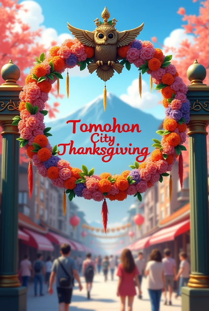 Menampilkan gambar resolusi tinggi full HD, create a text from colorful flowers with letters written on it "TOMOHON CITY THANKSGIVING" hanging on the city gate and displayed on the beautiful gate carved with an owl symbol, looks like a city atmosphere during the day which is busy and blurry, beautiful city background and mountains, Realistic