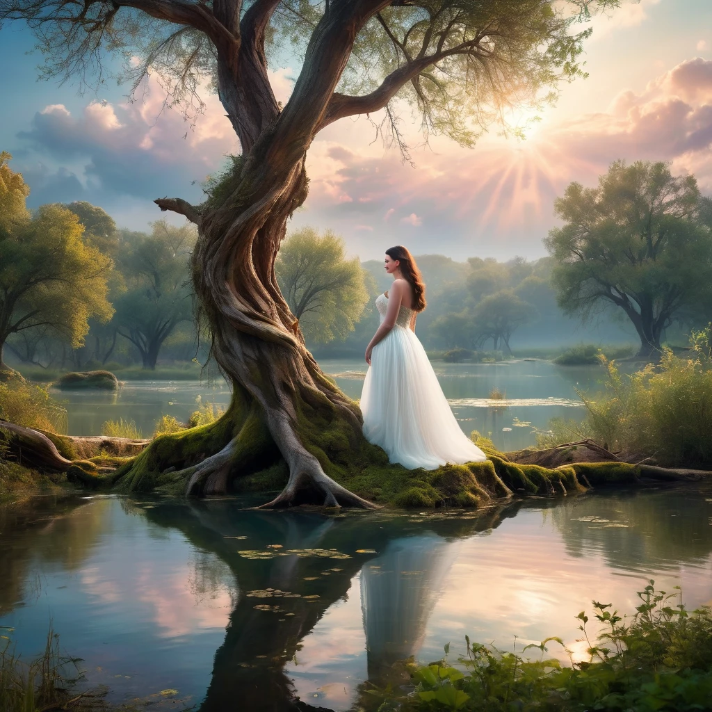 1 girl, (Liv Tyler in a celestial white dress),enchanting, pond setup, girl on one knee serene, distant from viewer, dynamic cloud landscape, gnarled and twisted tree trunk, soft natural lighting, digital art, vibrant color palette, best quality,4k,8k,highres,masterpiece:1.2,ultra-detailed,realistic,photorealistic,photo-realistic:1.37